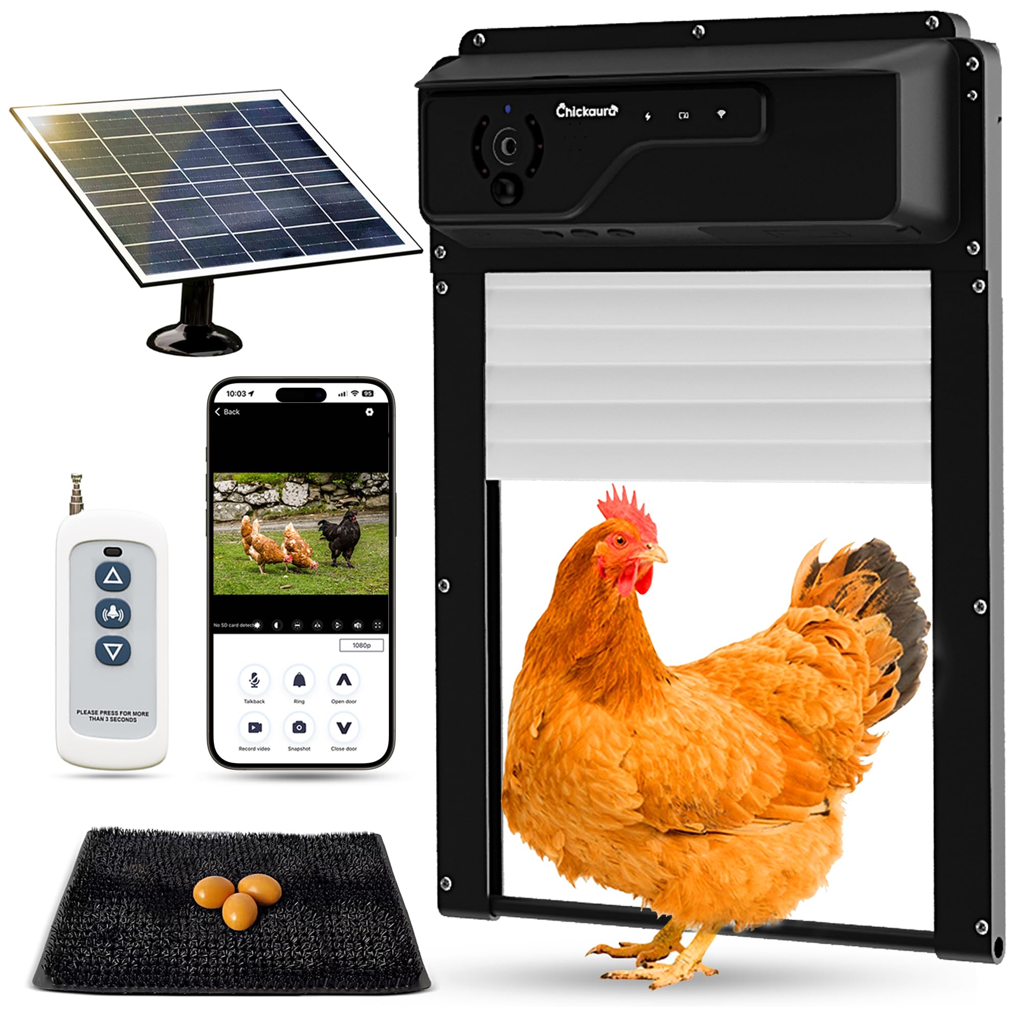 Chickaura automatic coop door with solar panel for reliable solar-powered access