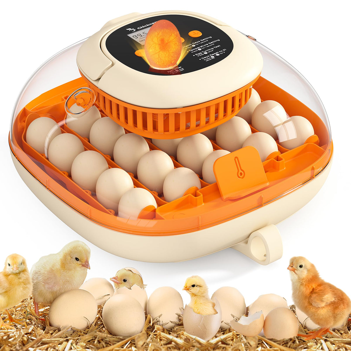 Chickcozy 25-egg incubator top view highlights compact design and accessible controls.