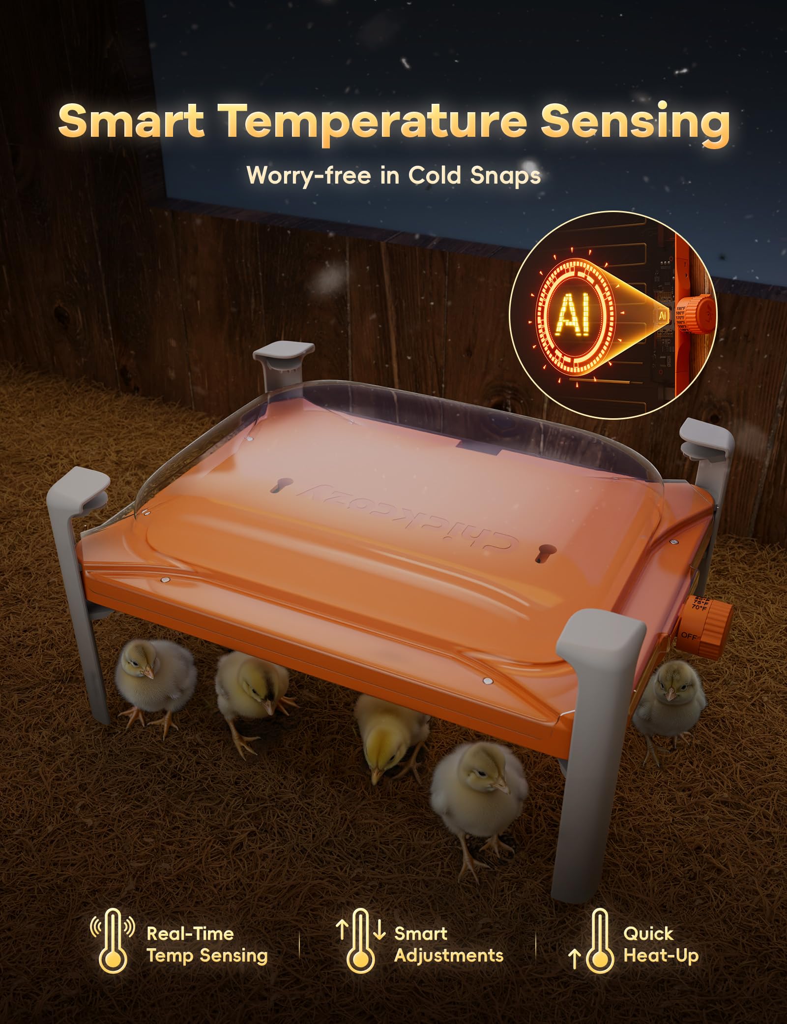 Chickcozy smart coop heater sensor panel shows real-time temperature control