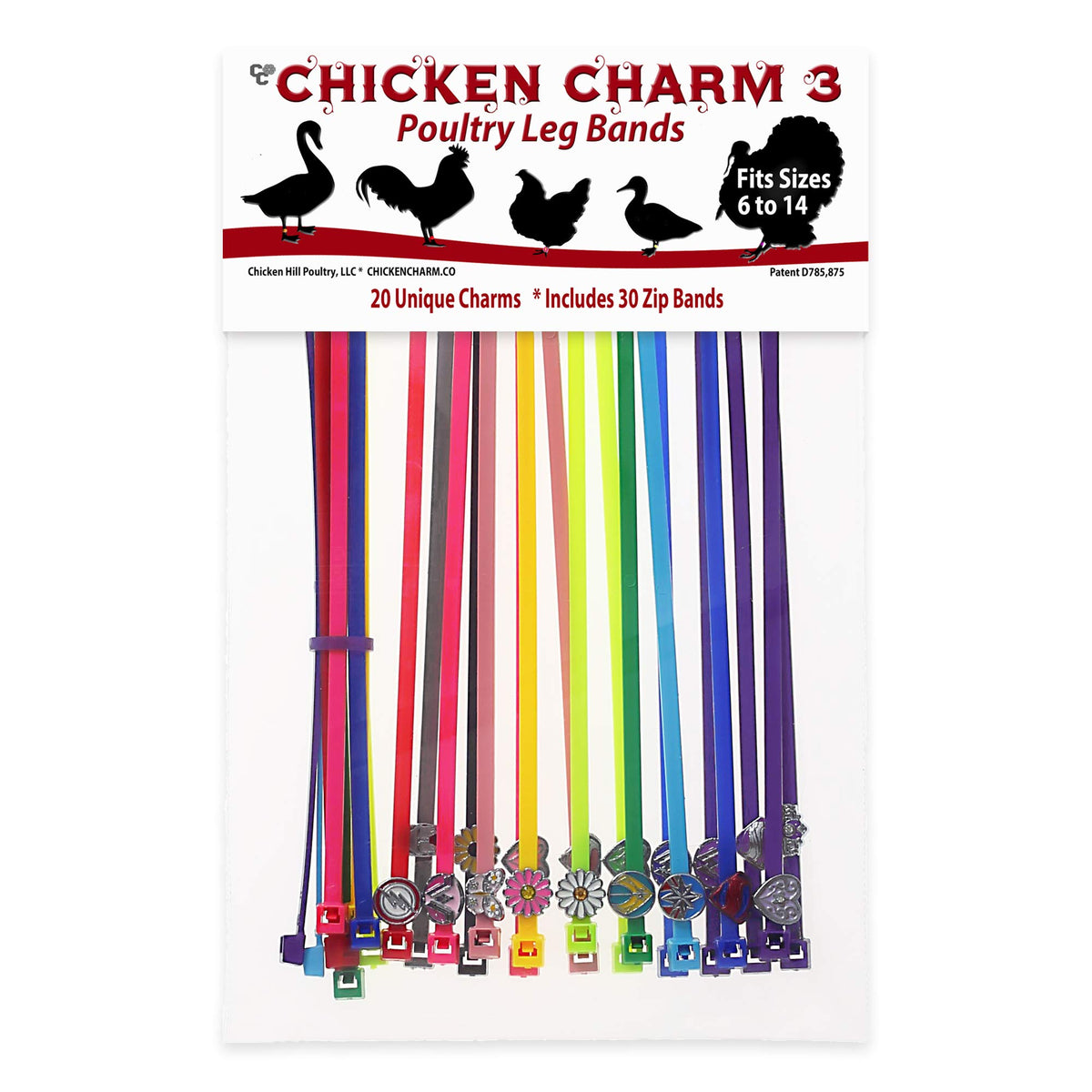 Chicken Hill 20-charm poultry leg bands set with zip-band design for secure tagging.