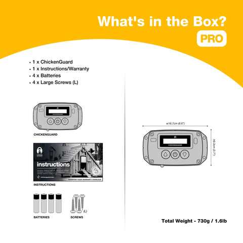 ChickenGuard LCD setup wizard simplifies configuring timer and sensor modes.