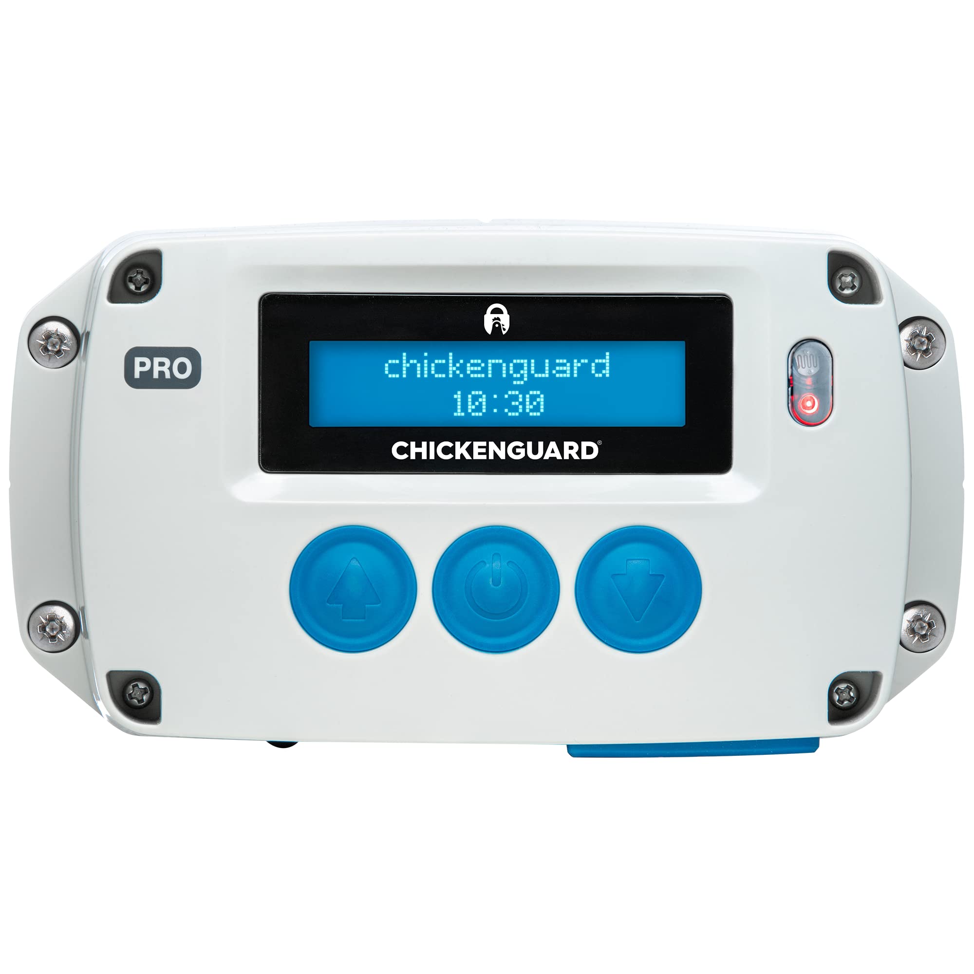 ChickenGuard PRO door closed demonstrates secure self-locking system for added protection.