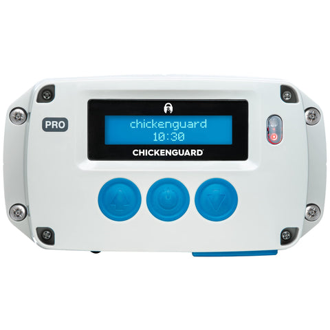ChickenGuard PRO door closed demonstrates secure self-locking system for added protection.