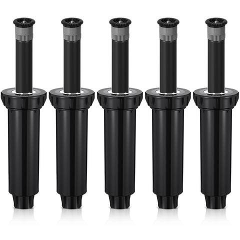Chicmount 5-pack pop-up sprinkler heads with adjustable arc for precise lawn irrigation.