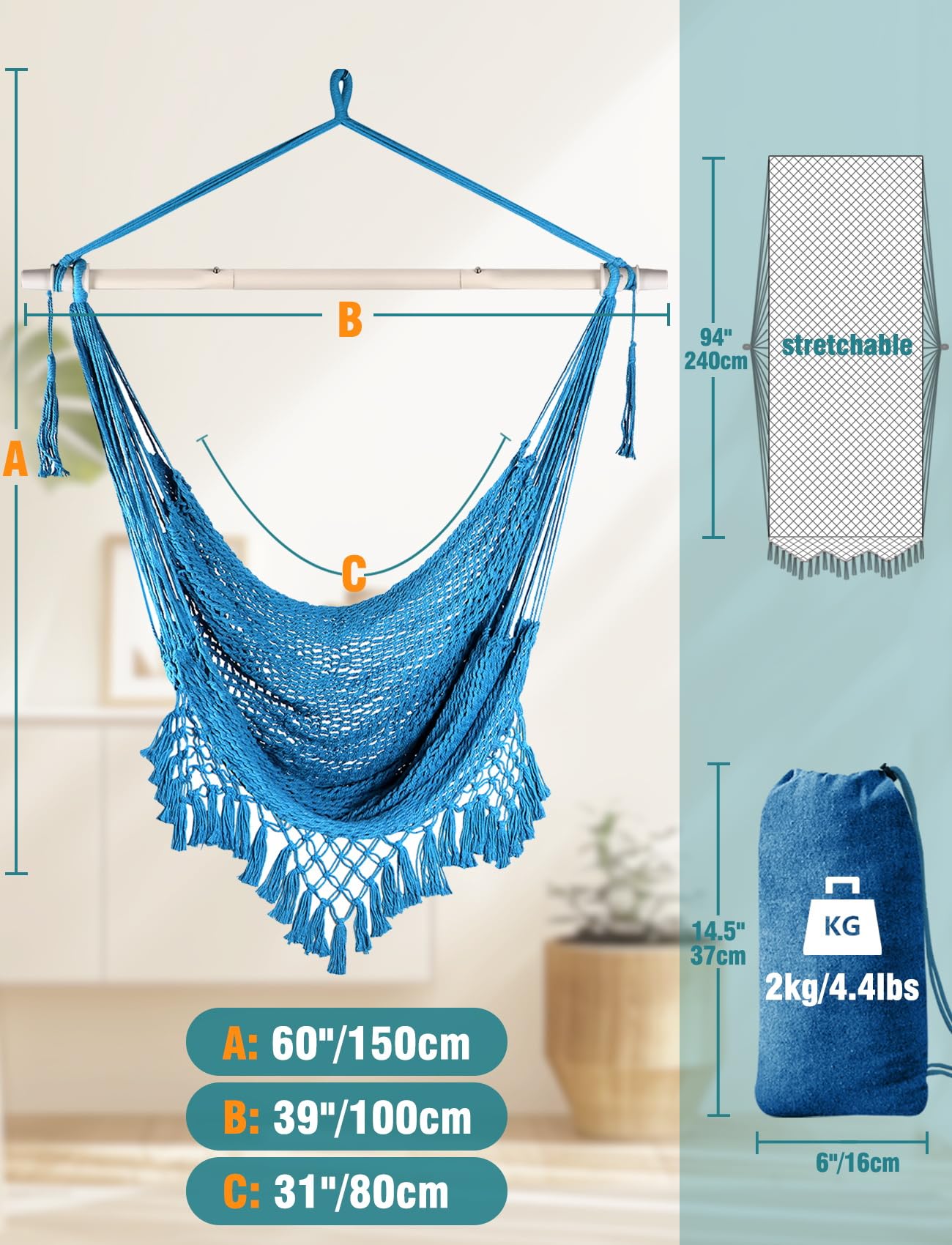 Chihee hammock chair suitable for indoor and outdoor use across spaces.