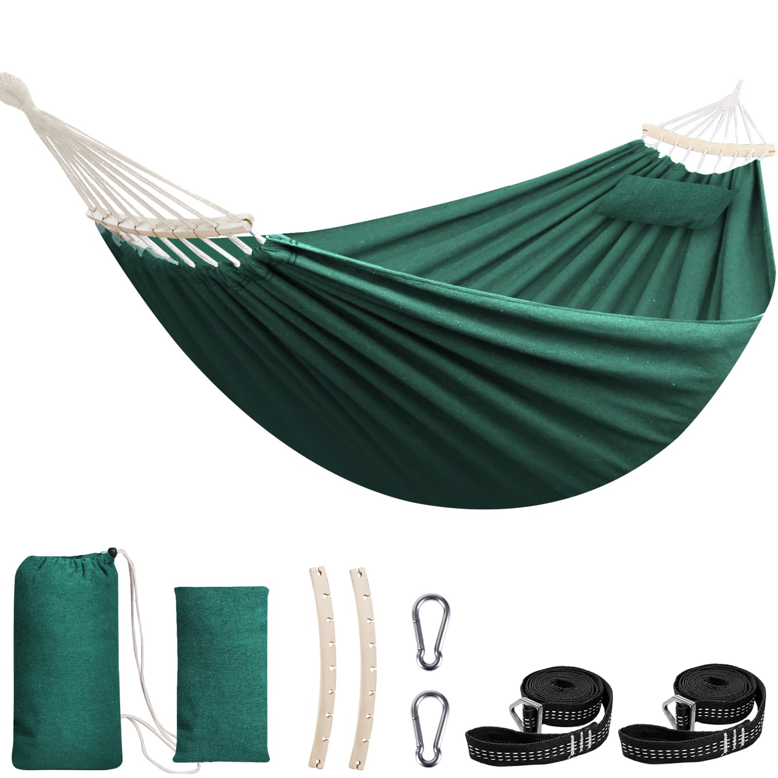 Chihee cotton hammock with detachable spreader bar and pillow for outdoor lounging.
