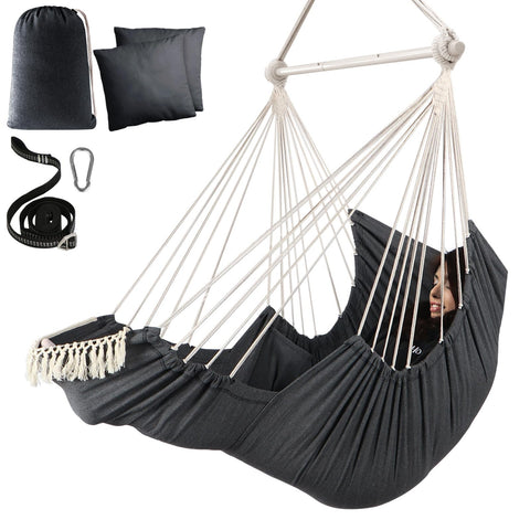 Chihee hammock chair with foot rest provides cozy indoor relaxation.
