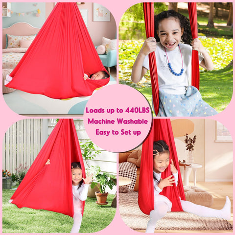 Chihee sensory swing child relaxing in hammock demonstrates comfort and secure cocoon.