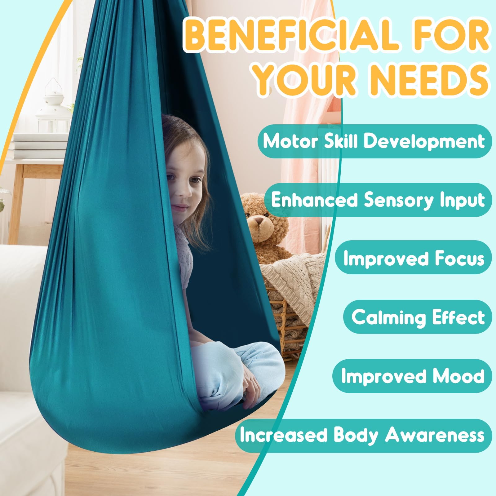 Chihee Sensory Swing ergonomic design promotes relaxed positioning.