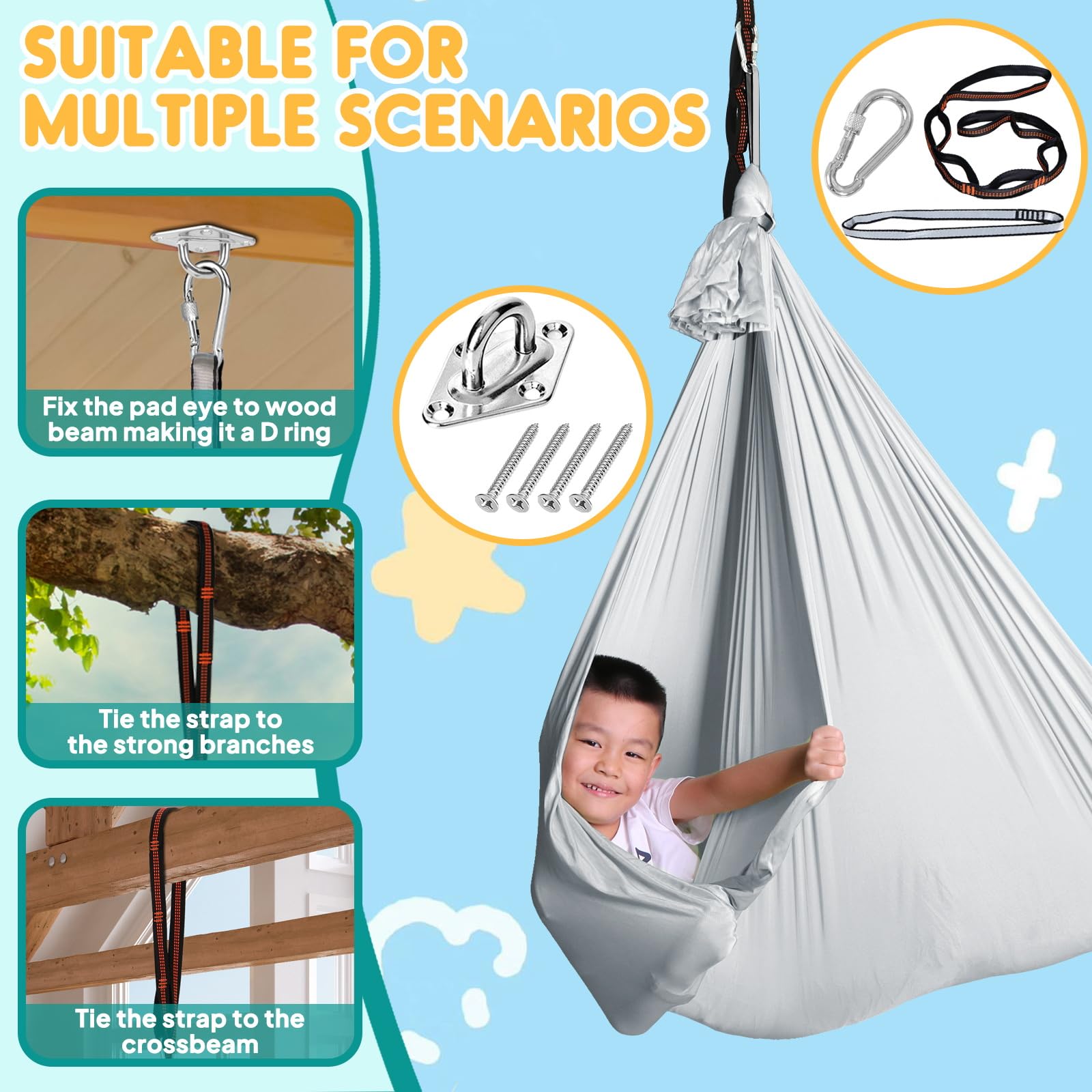 Chihee sensory swing easy setup with carabiner and straps.