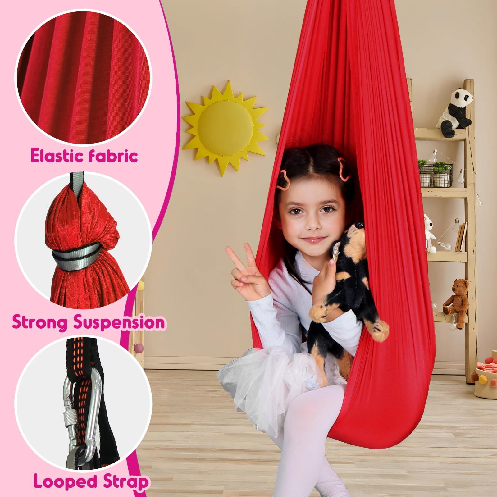 Chihee sensory swing reinforced loop and fasteners ensure sturdy hanging and safety.