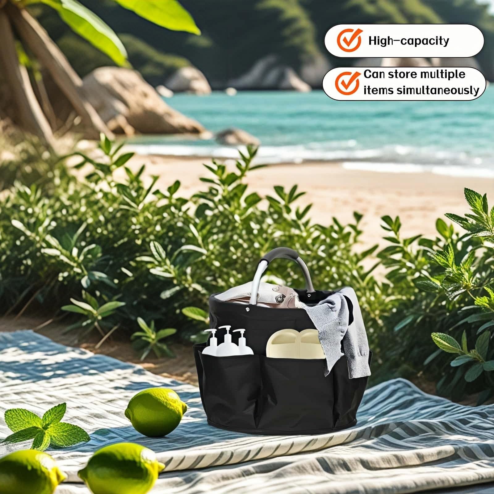 Chinshwehaw foldable storage basket at the beach ready for towels