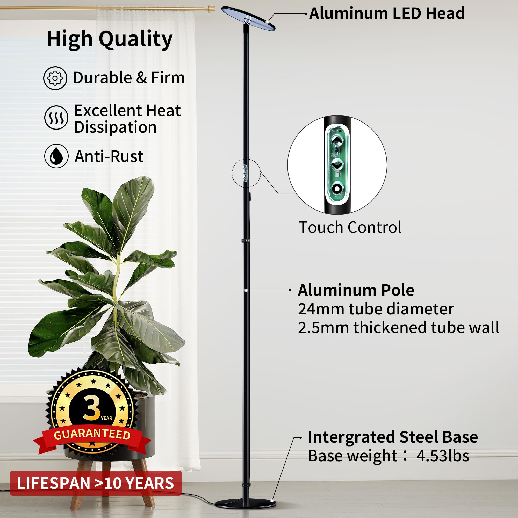 Chiphy sleek black industrial design blends with modern interiors while supporting plants.