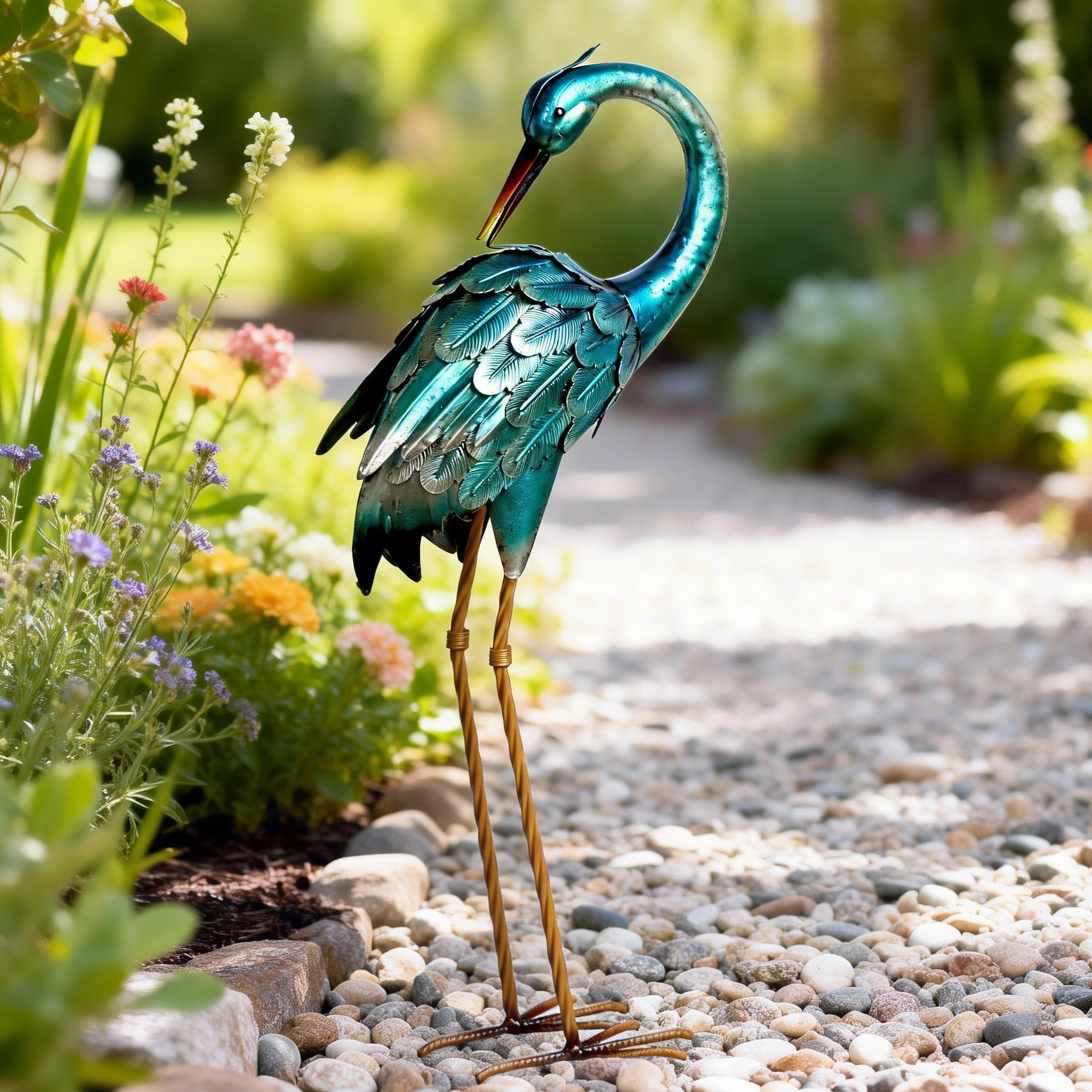 Chisheen blue gradient crane sculpture adds vibrant focal point to outdoor spaces.