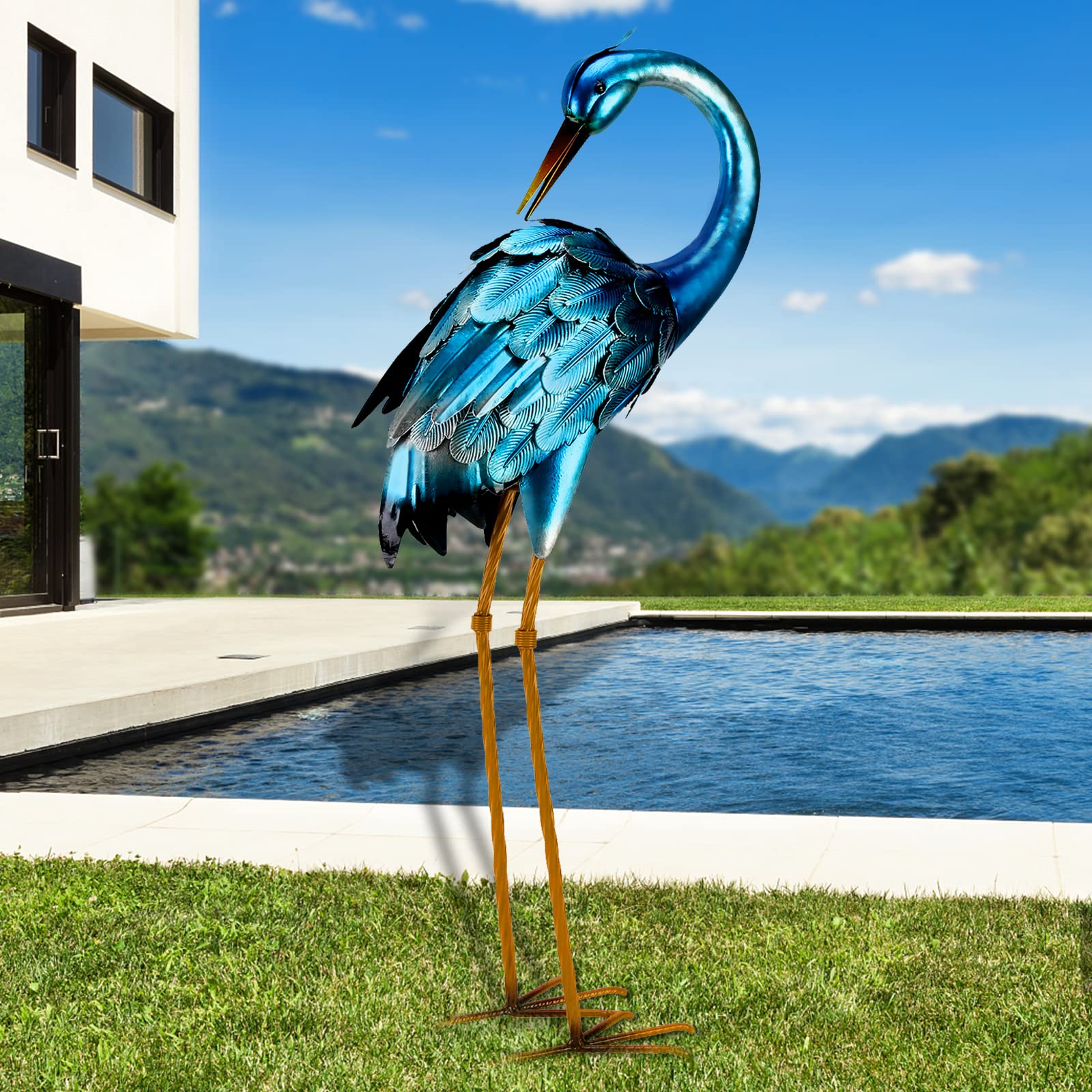 Chisheen crane garden statue with blue heron for outdoor yard decor.