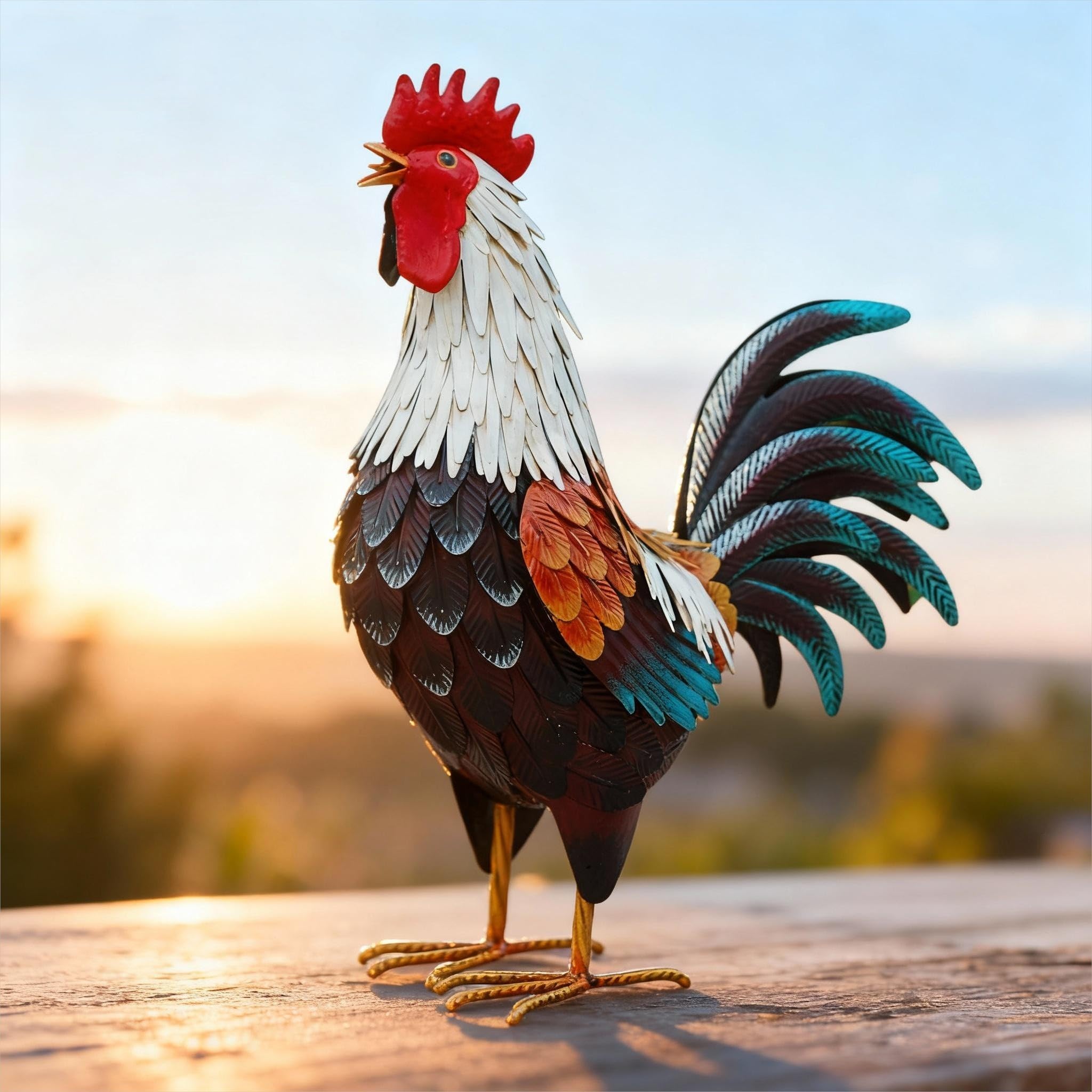 Chisheen metal chicken sculpture for kitchen and garden decor, easy to display.