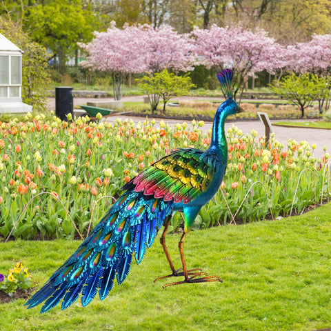 chisheen metal peacock statue flowing-tail accentuates garden paths