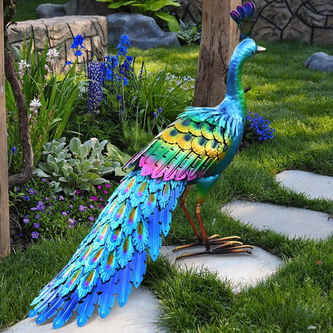chisheen metal peacock statue side view adds dimensional charm