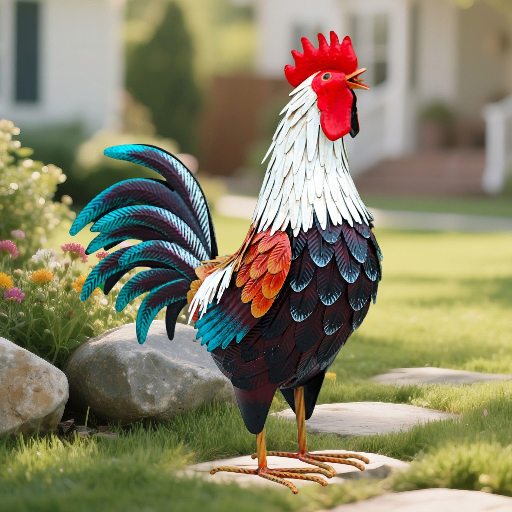 Chisheen decorative metal chicken decor adds colorful charm to outdoors.