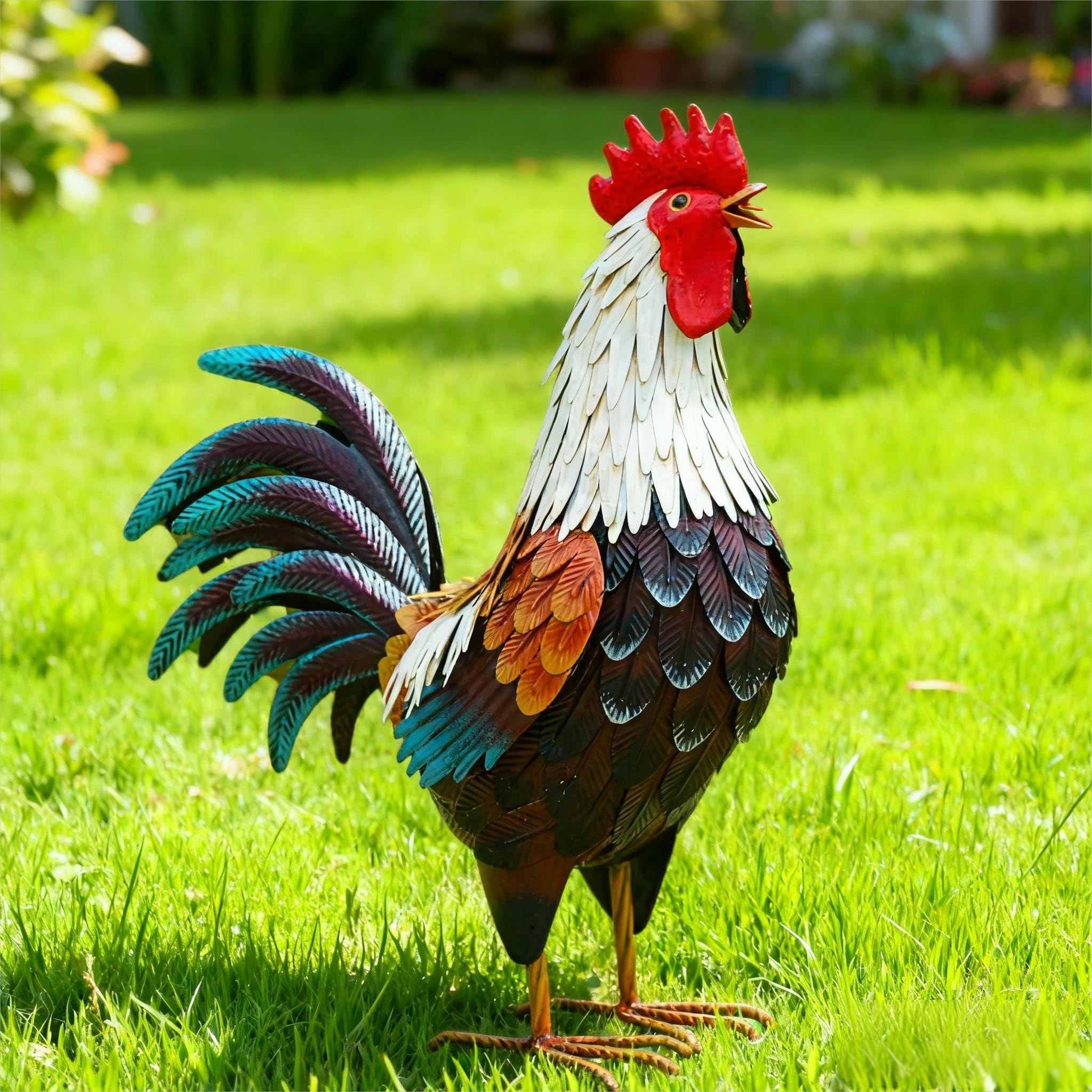 Chisheen rooster statue with knock-down legs for simple shipping and setup.