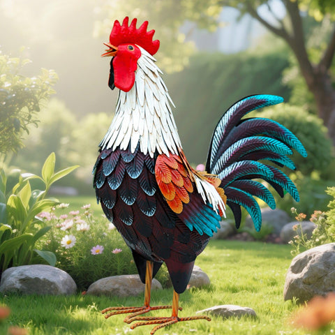 Chisheen yard art rooster figure with hand-painted multi-color details.