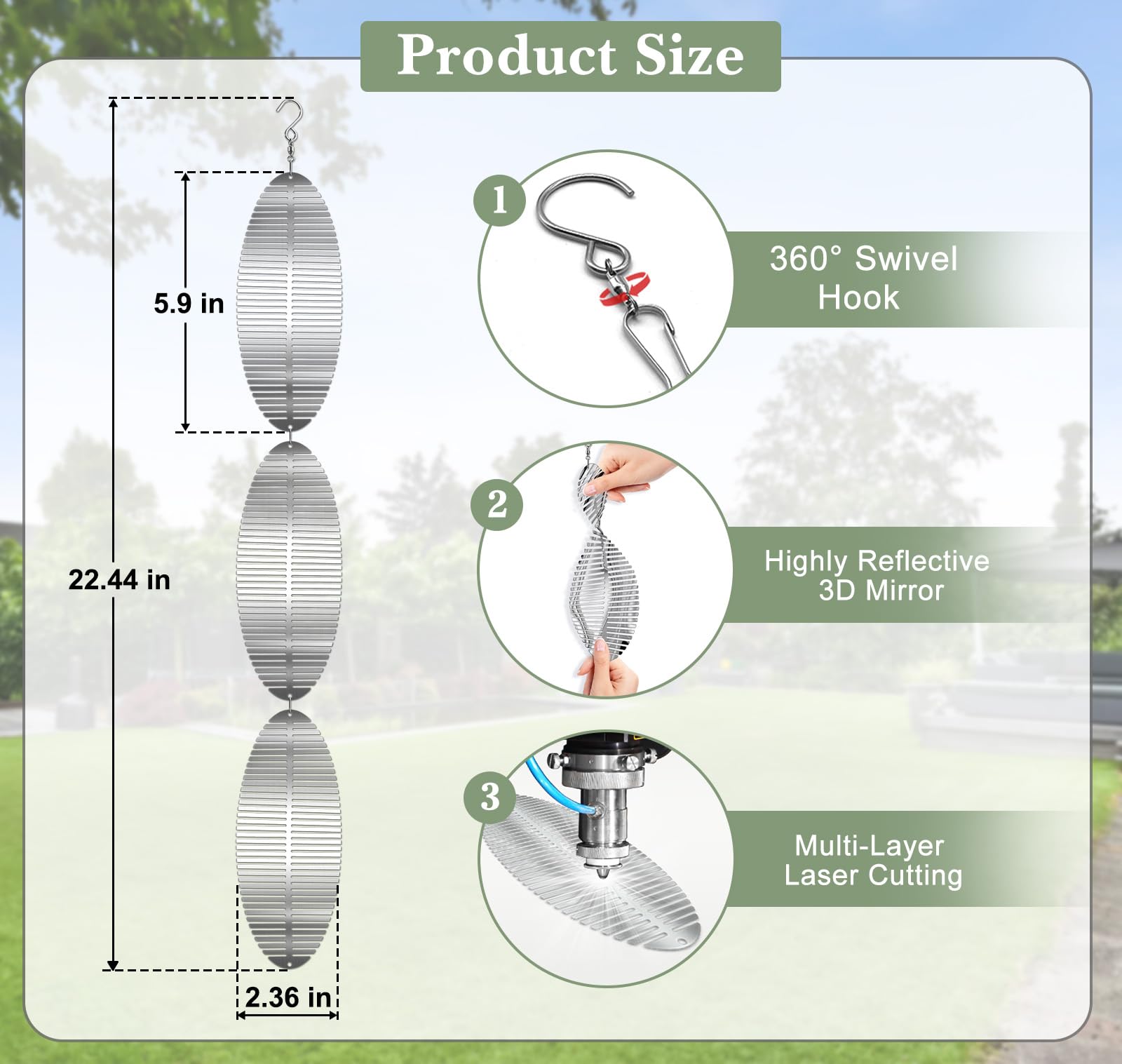 CHONOVO 3D mirror reflection spinners deter birds with sunlit sparkle.