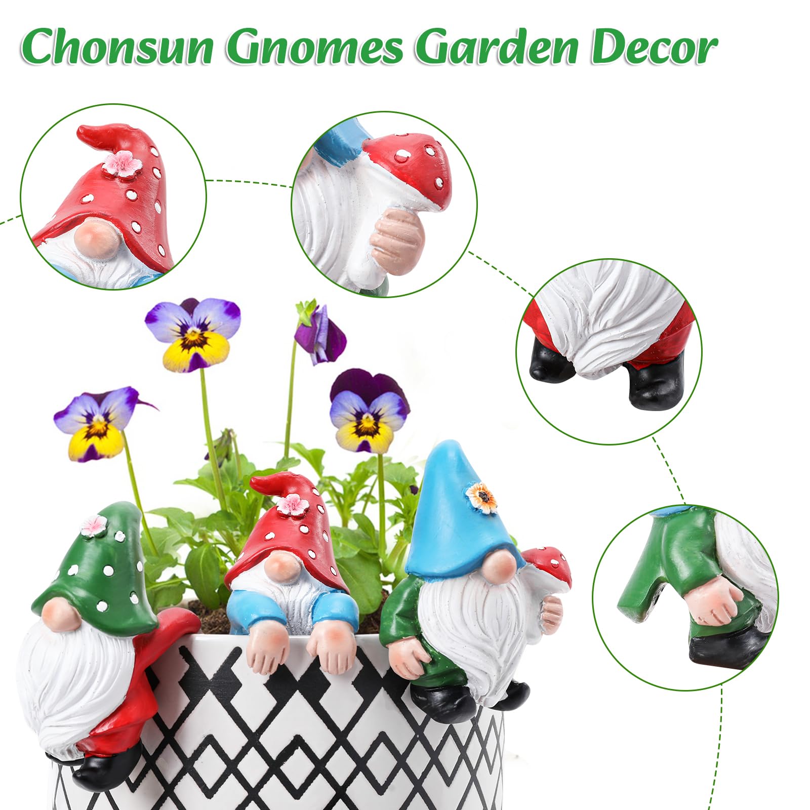 Chonsun gnomes in hand-painted resin detail bring durable charm to your yard.