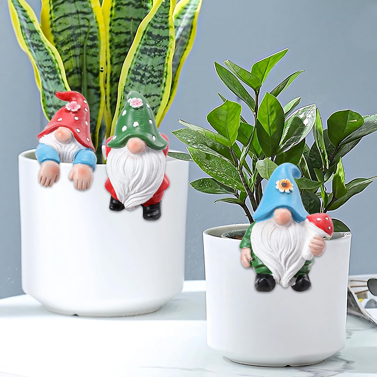 Chonsun garden gnomes statues hugging a flower pot adds whimsy to outdoor spaces.