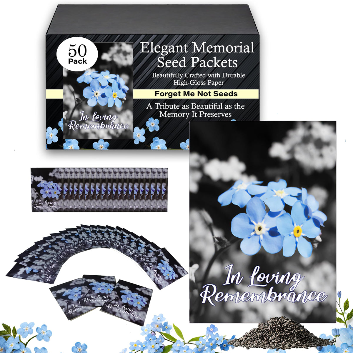 Choobly forget-me-not seed packet pre-filled for a personal memorial keepsake