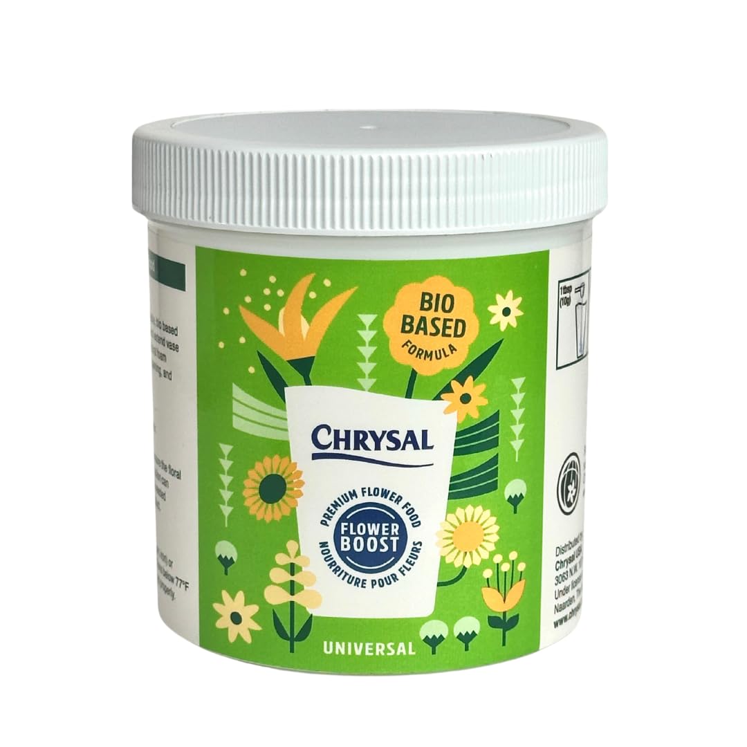 Chrysal bio-based flower-food-jar showcases eco-friendly formula for longer bouquet freshness.