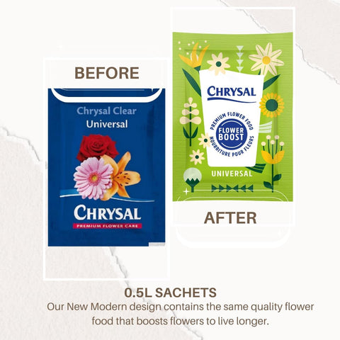 Chrysal Flower Boost bottle in use to nourish fresh blooms