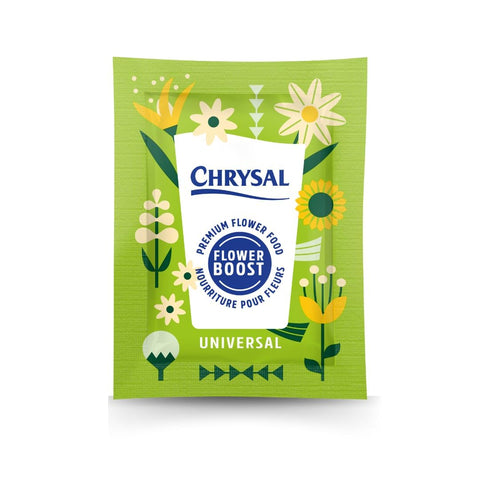 Chrysal Flower Boost clear packets close-up showing vase-life support for bouquets