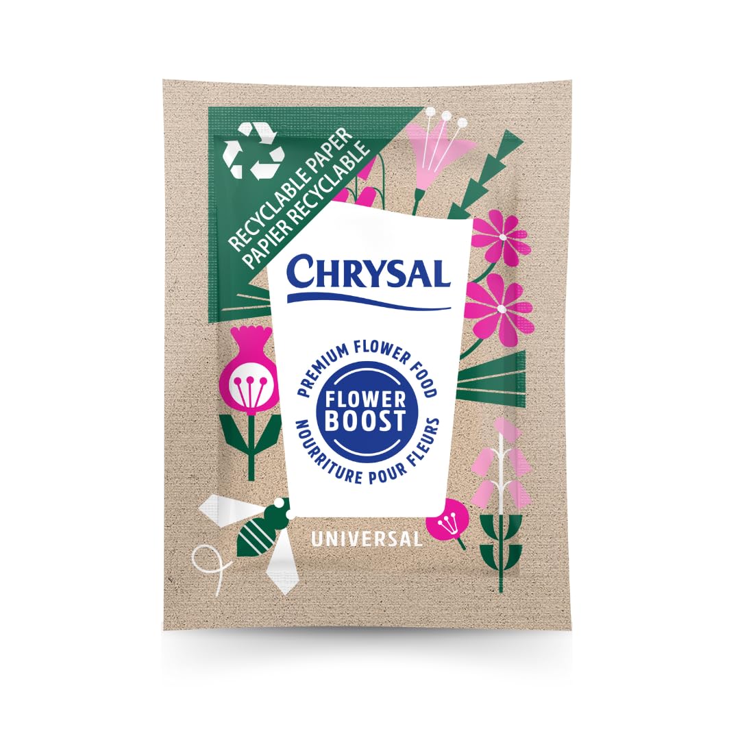Chrysal recyclable paper flower food packets shown in packaging for easy storage.