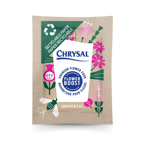 Chrysal recyclable paper flower food packets shown in packaging for easy storage.