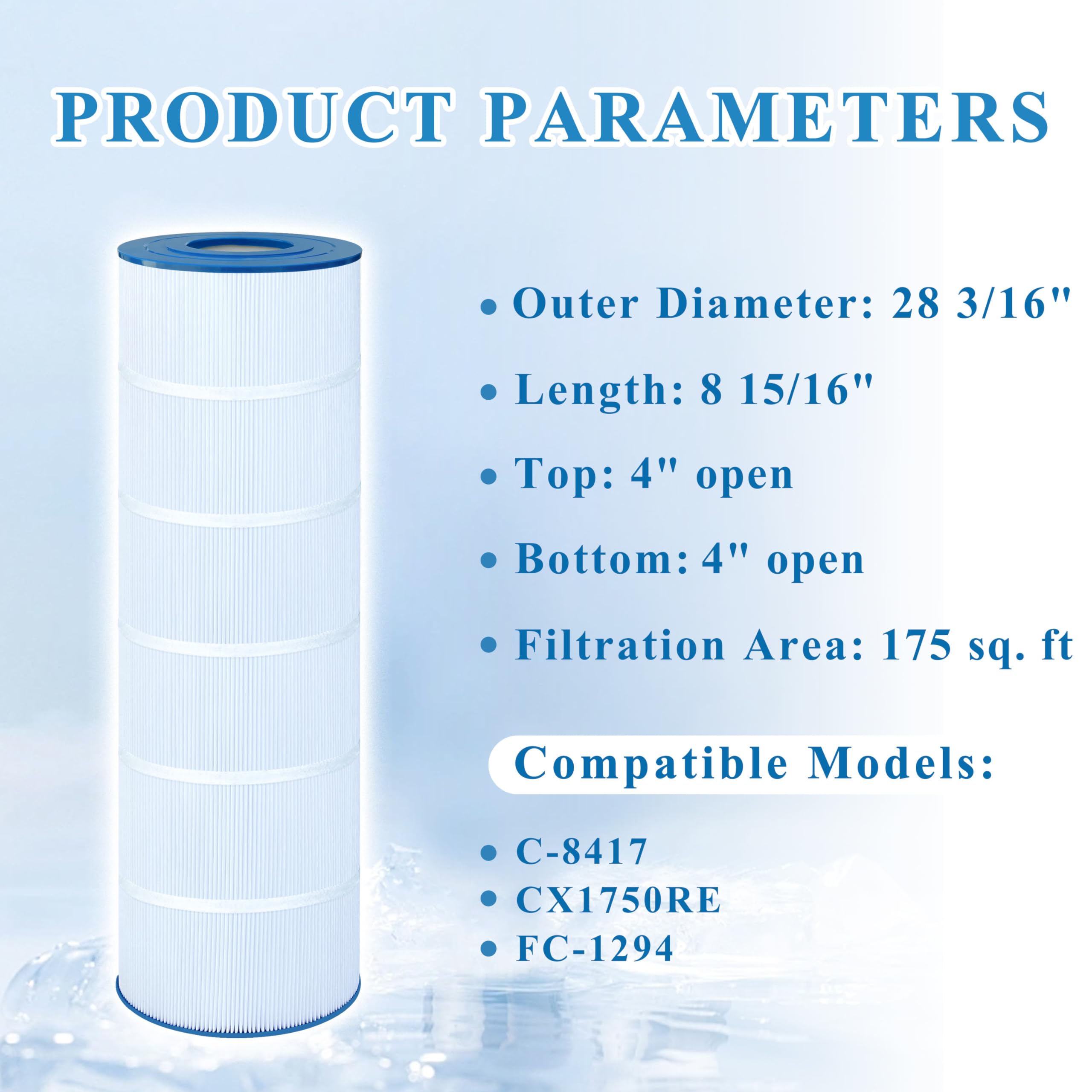 Chryseos pool filter with 175 sq ft media area for efficient cleaning.