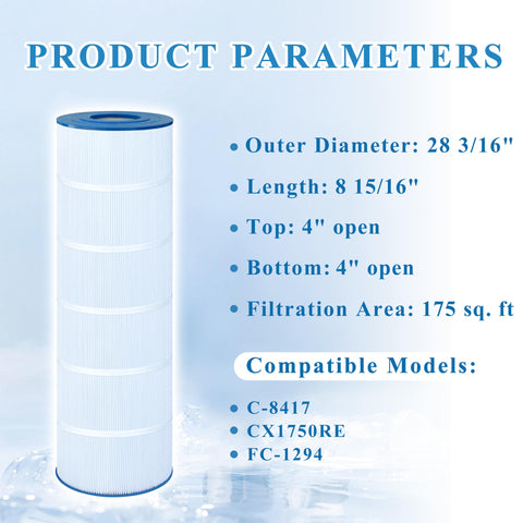 Chryseos pool filter with 175 sq ft media area for efficient cleaning.
