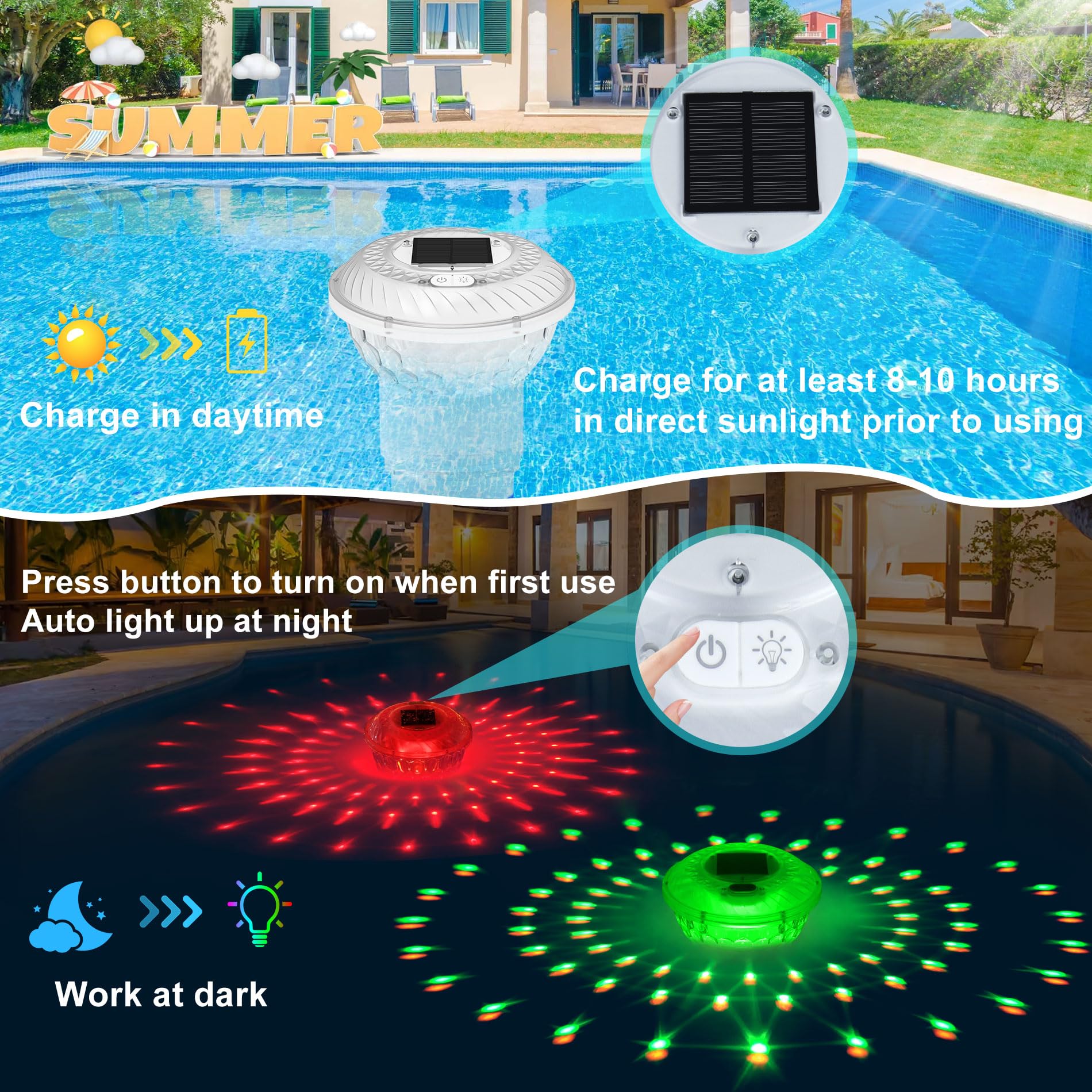 Chsuiwe chlorine floater with button control demonstrates bright light modes for safe nighttime swimming.