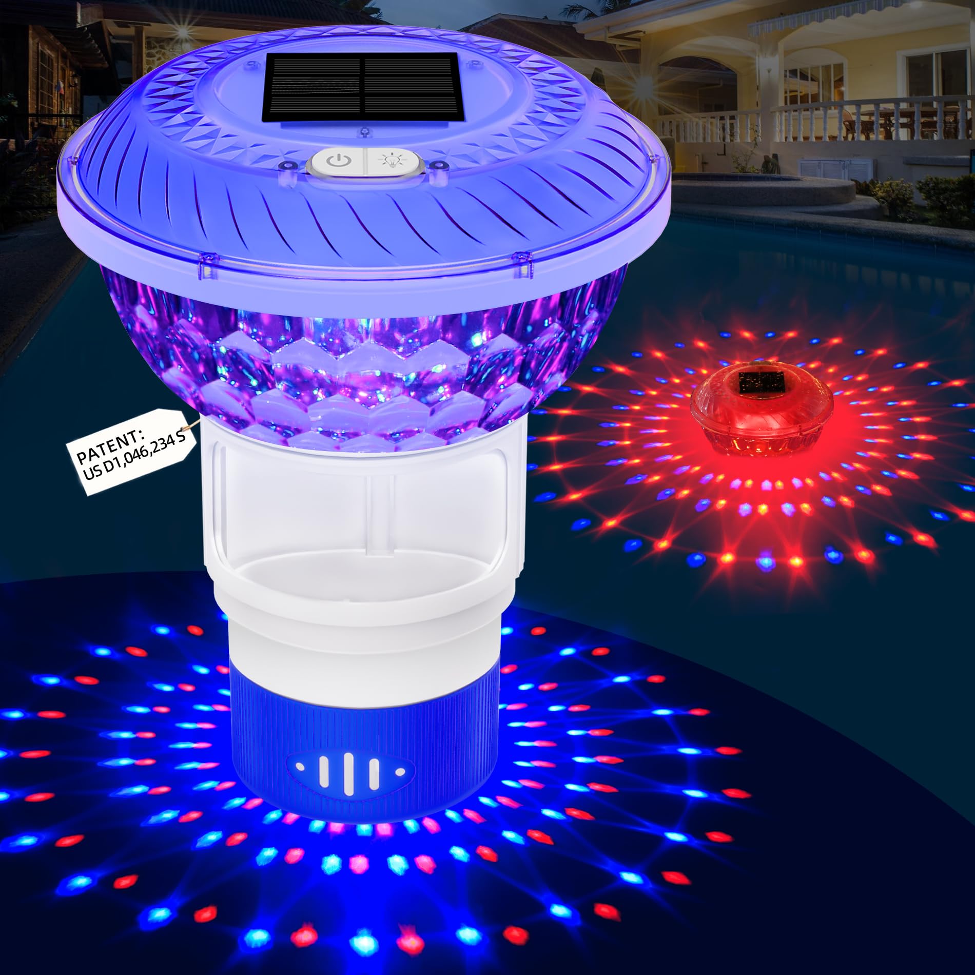 Chsuiwe solar chlorine floater with color show lights the pool at night while dosing.