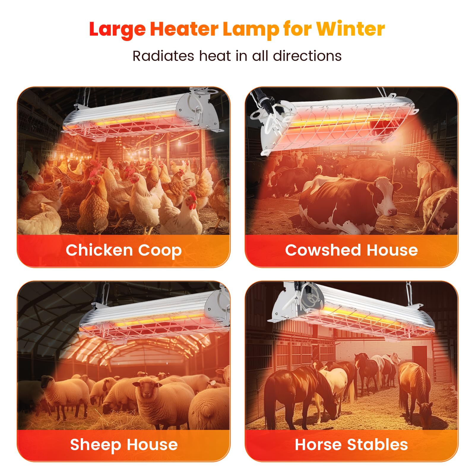 Chtoocy 360-degree heat dispersion suits poultry, small livestock, and greenhouse spaces.