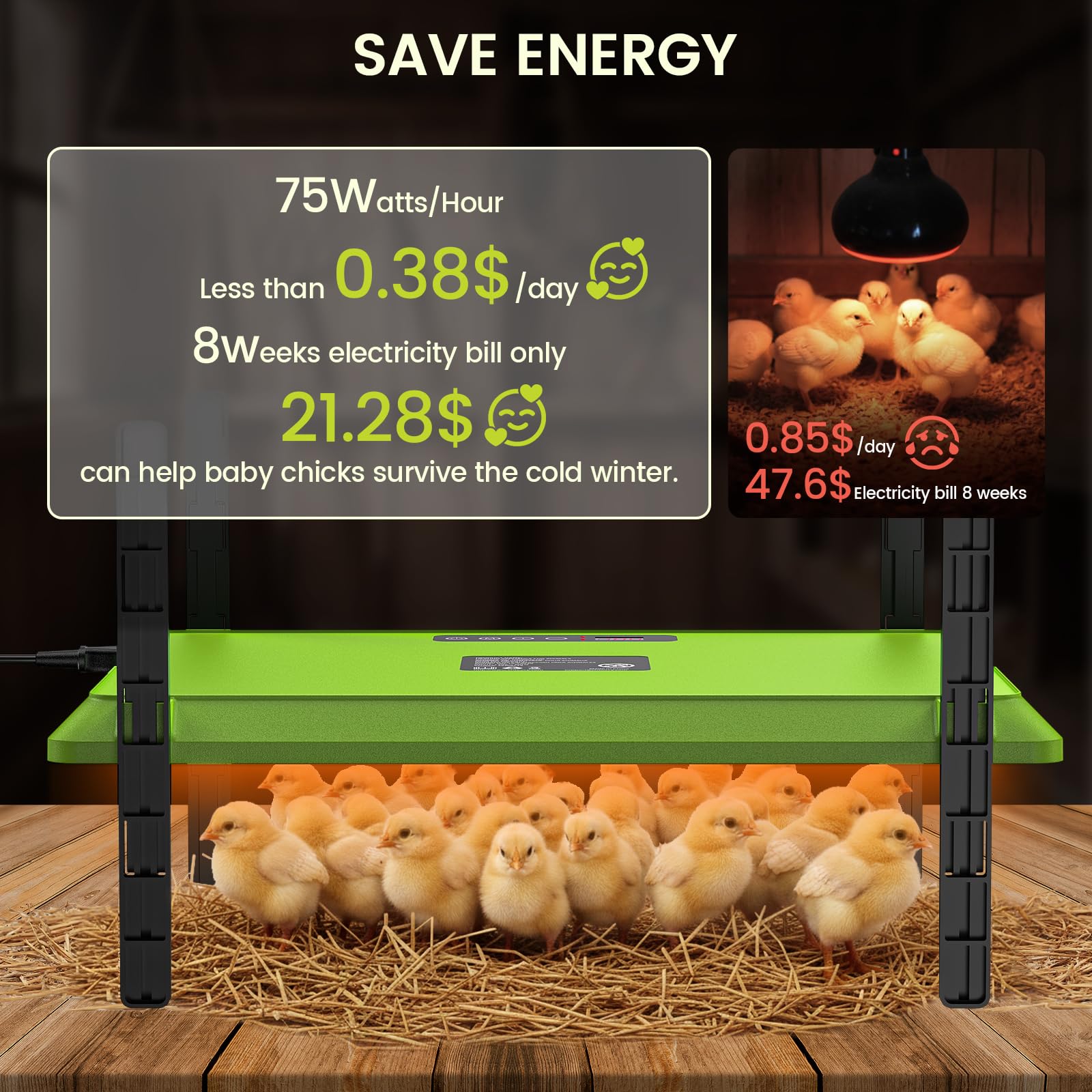 Chtoocy 75W energy-efficient heater helps reduce power use for brood warmth