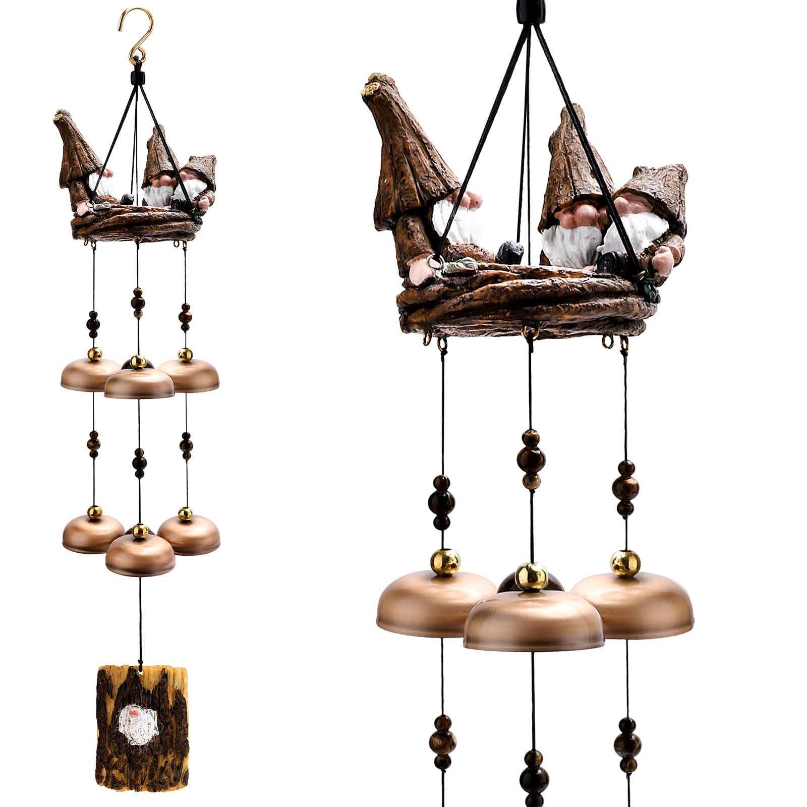 ChuangJie gnome wind chimes front view with six bells enhances outdoor ambiance.