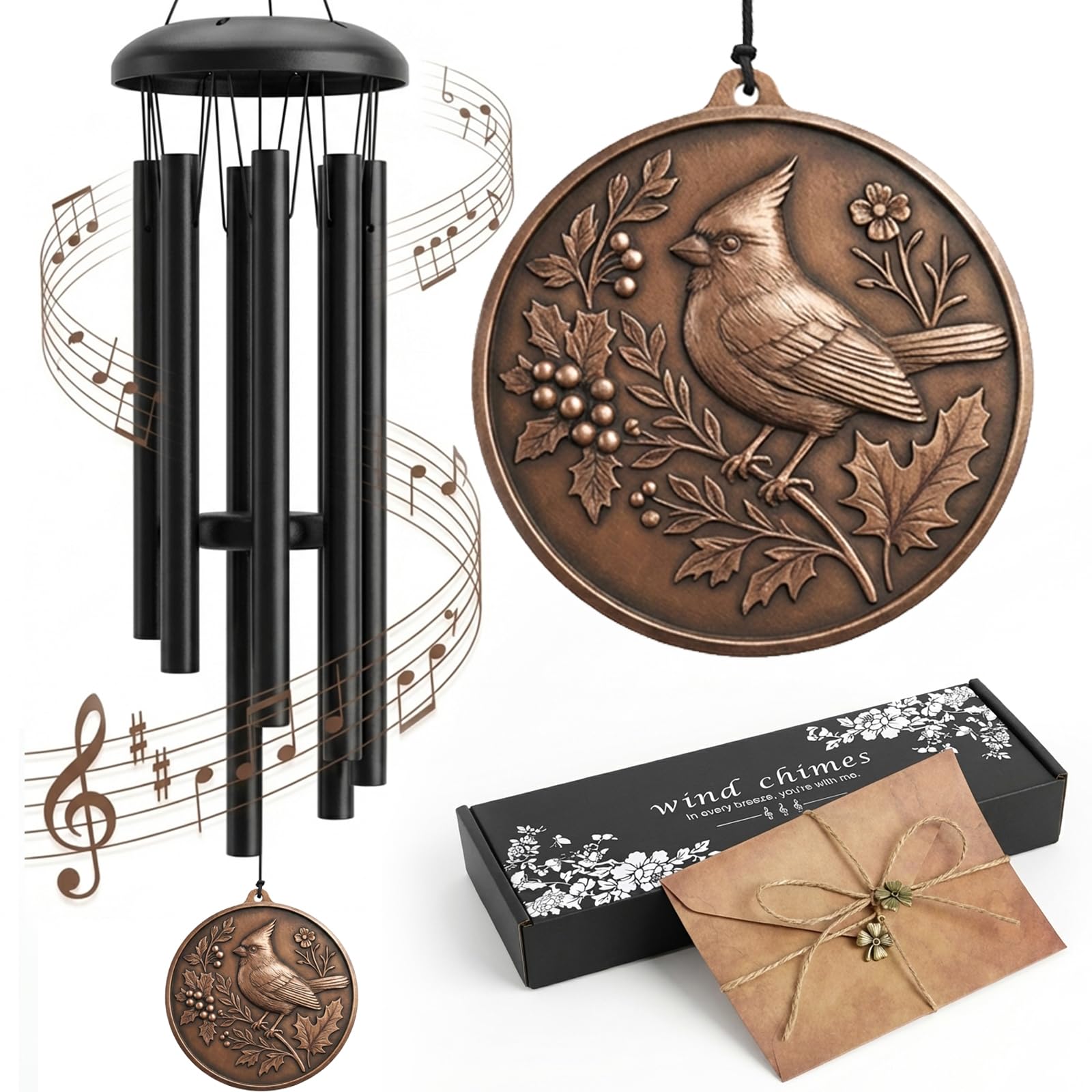 Chufa wind chime with cardinal design for tranquil outdoor ambience.