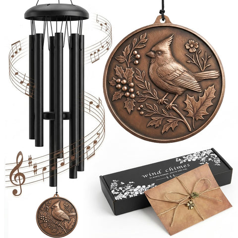 Chufa wind chime with cardinal design for tranquil outdoor ambience.