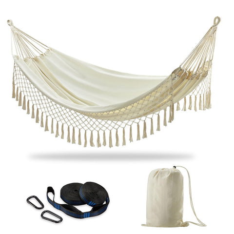 CHULIM Brazilian double hammock being set up with tree straps for quick outdoor lounging