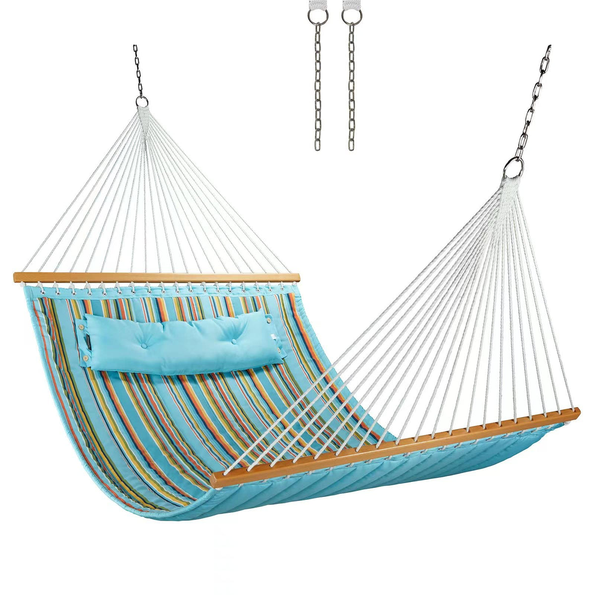 CHULIM hammock with double-quilted fabric and sturdy wood spreader bar for outdoor lounging.