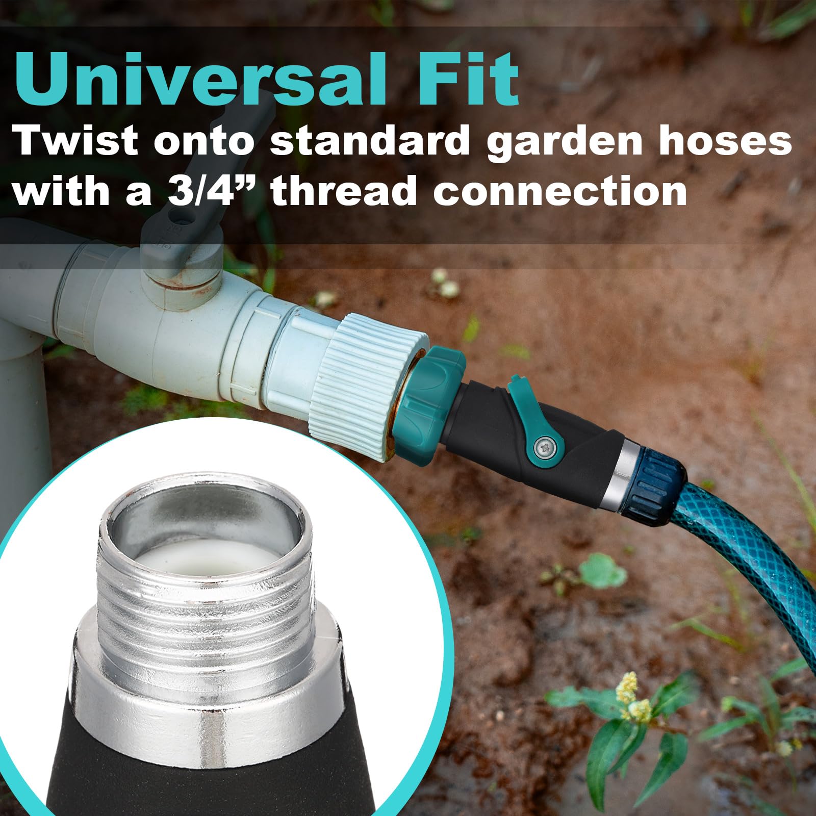 Chunful swivel coupling enables tool-free, quick installation at outdoor faucets.
