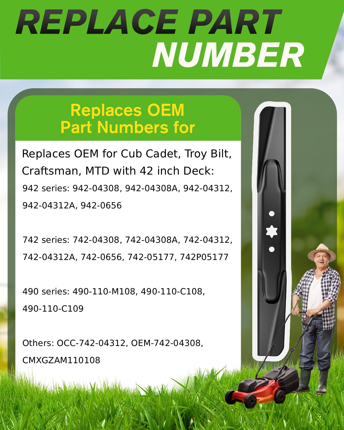 Chway 42-inch deck mulching blades ready for installation on compatible mowers.