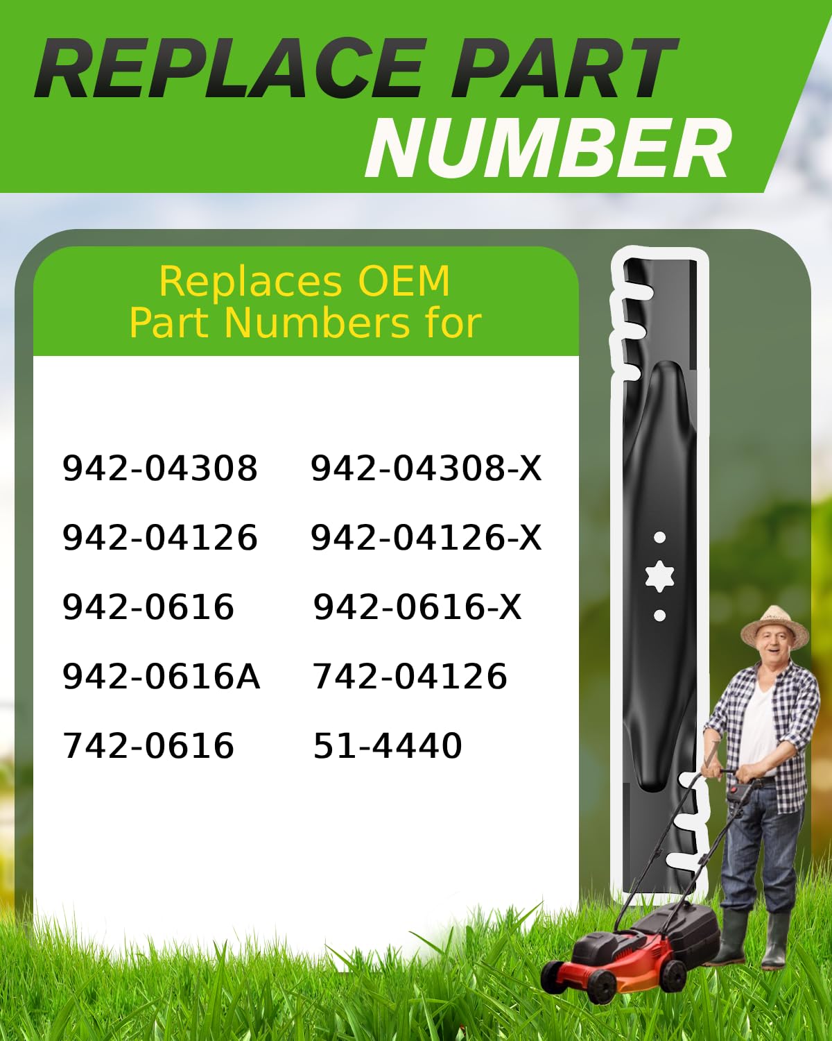 Chway mulching blade with 6-point star center hole delivers consistent cutting.