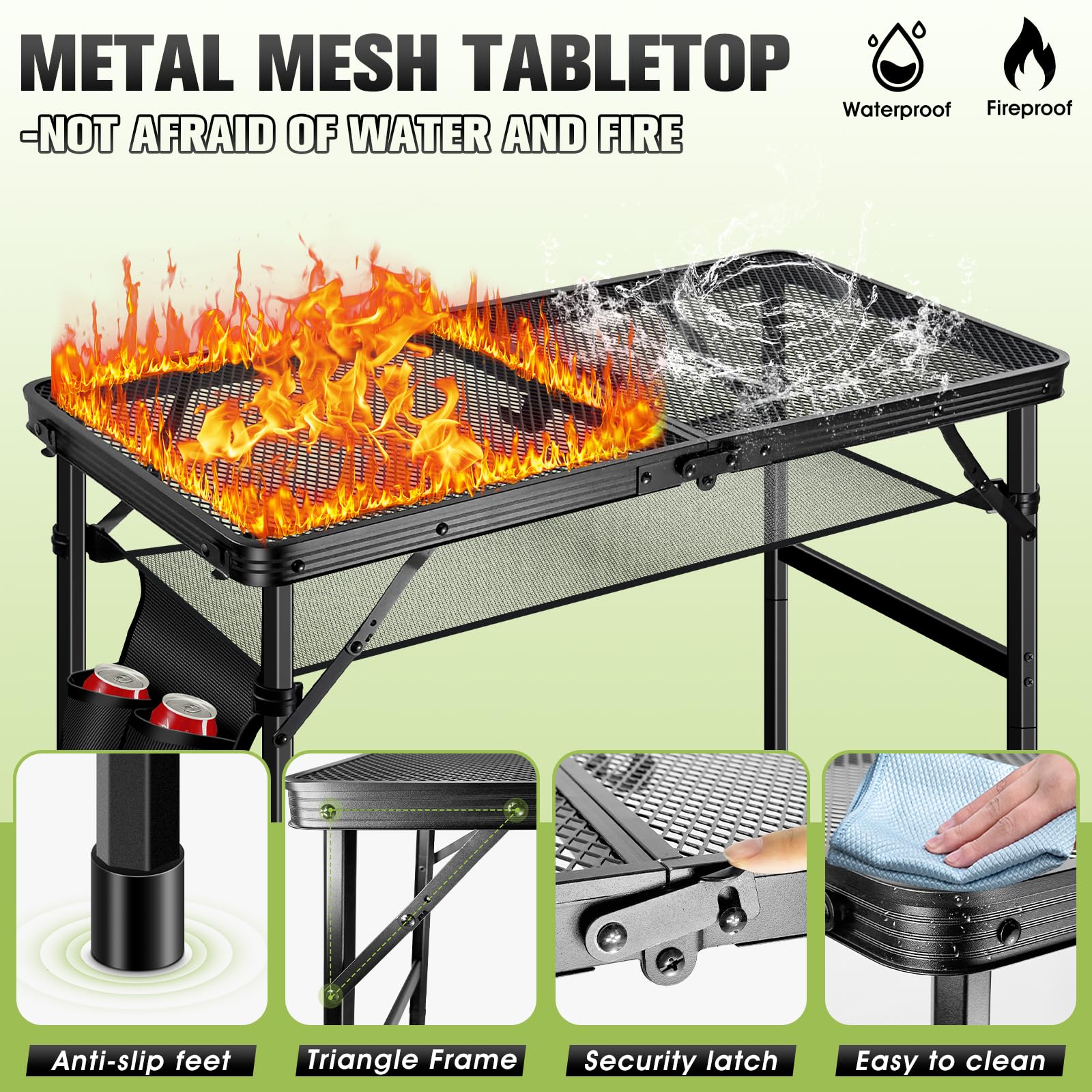 Ciavca grill table with detachable mesh bag and side pockets for utensils and condiments.