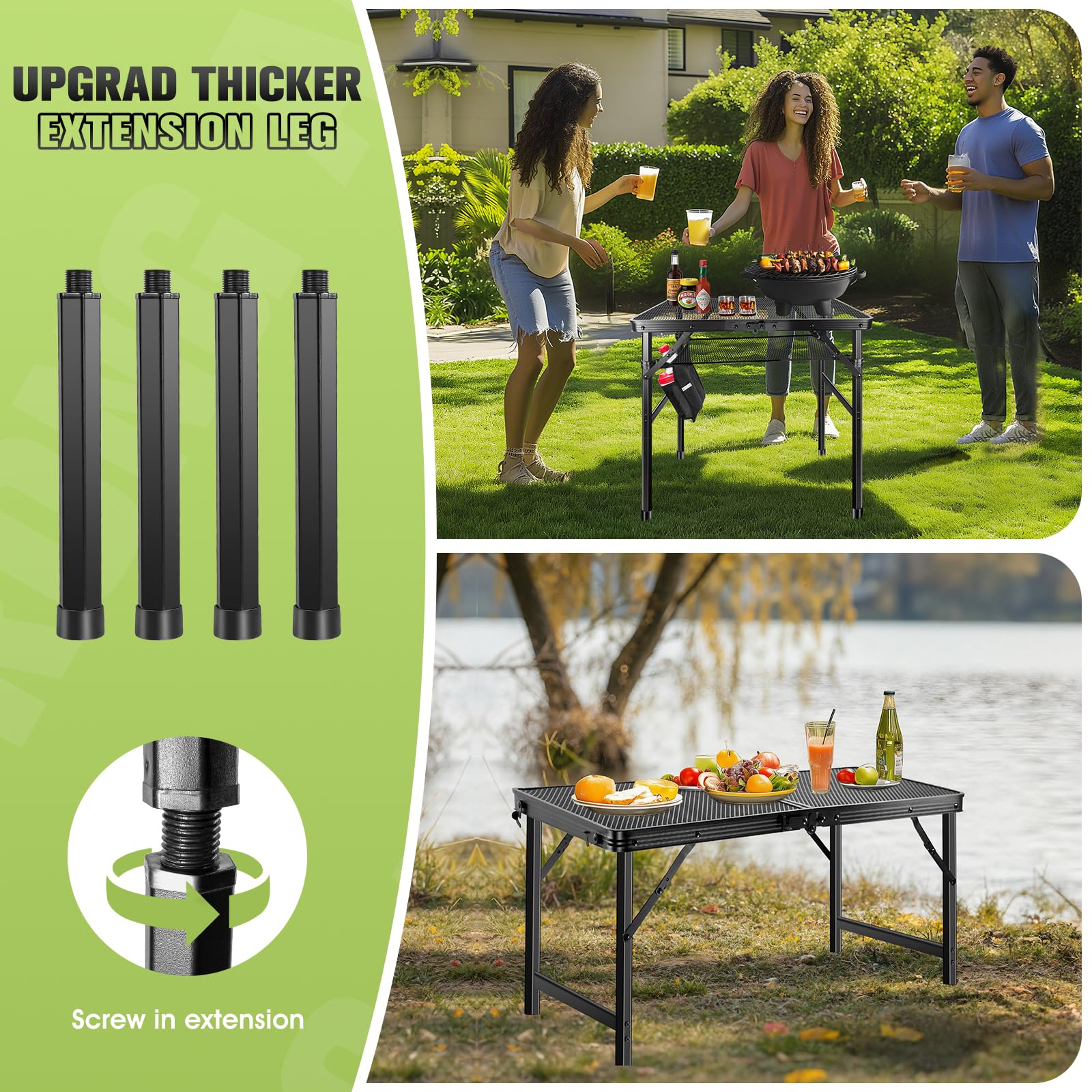Ciavca portable grill table on uneven ground stabilized by adjustable legs